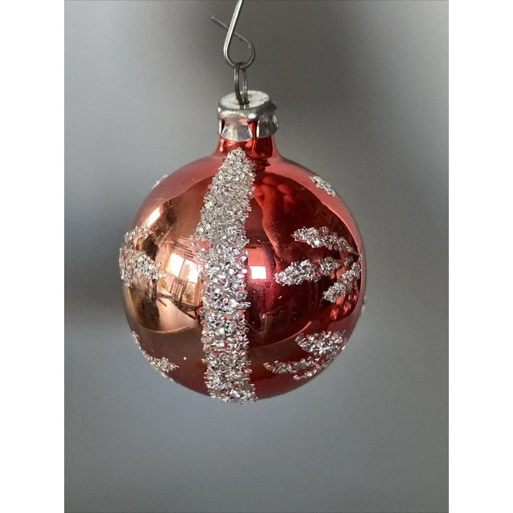 Vintage Hand Painted Blown Glass Christmas Ornament Red Small Ball Glitter